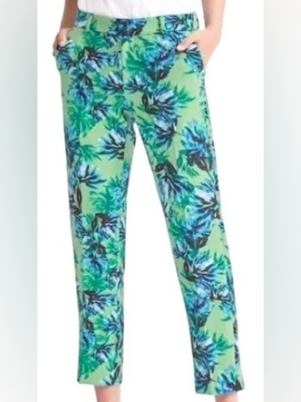 Banana Republic Green Avery Cropped Pants with Blue Floral Print size 12 - Picture 1 of 9